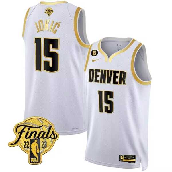 Men's Denver Nuggets #15 Nikola Jokic White 2023 Finals Collection With NO.6 Patch Stitched Basketball Jersey Dzhi
